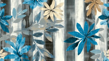 114.A seamless design featuring tropical foliage in muted blue and grey tones, with stripes of vibrant colors adding contrast and depth. The combination of cool tones and bold accents makes this a