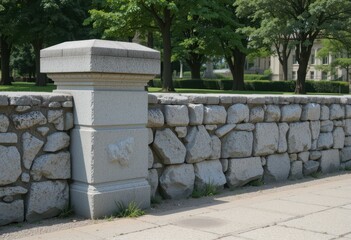 Stone Wall with Ornate Pillar in Sunlit Urban Park Setting