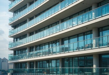 Fototapeta premium Modern Apartment Building with Glass Balconies and Urban Views