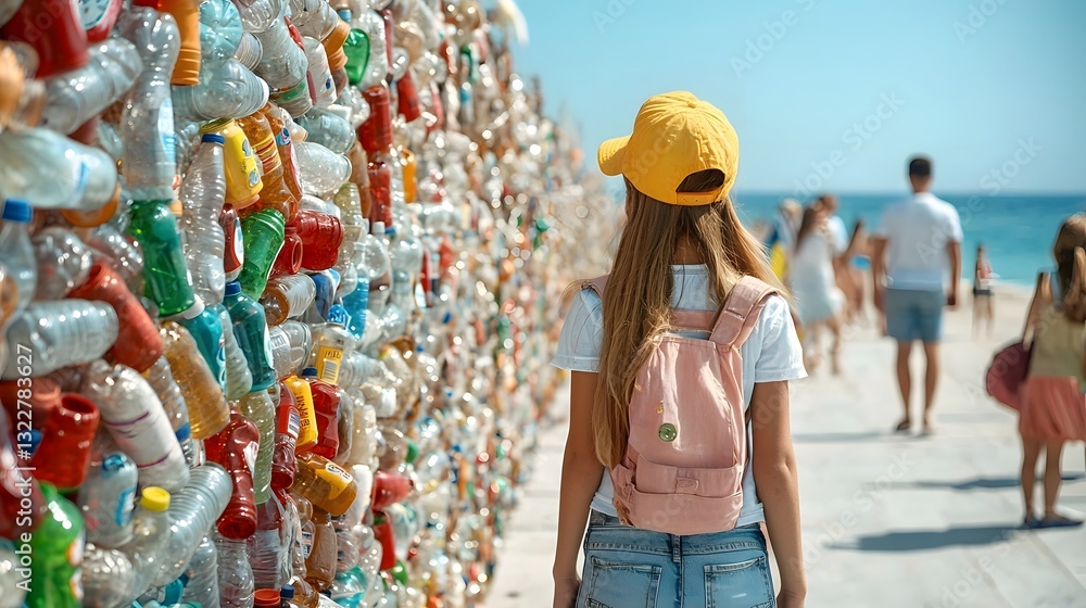 Poster creative and sustainable art installation comprised of vibrant recycled plastic bottles designed wit