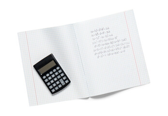 Copybook with handwritten maths formulas and calculator isolated on white background