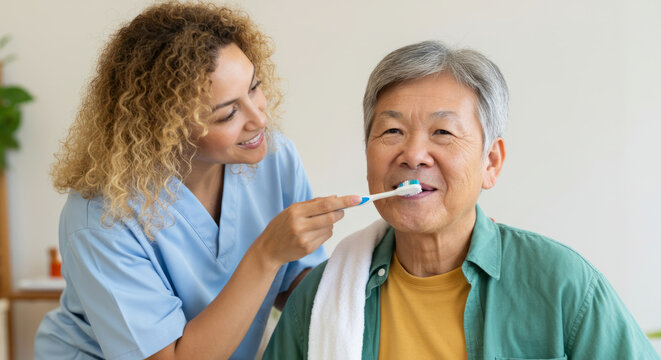 Female nurse assisting elderly asian male with teeth brushing in care setting