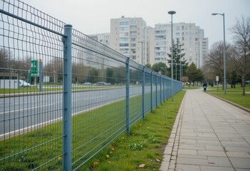 Obraz premium Modern Cityscape with Fence and Sidewalk in Urban Environment