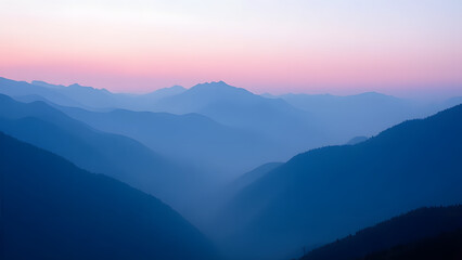 Obraz premium A stunning mountain landscape at dusk, with layers fading into mist and a gradient sky of pink to blue, evoking feelings of awe and the beauty of nature at twilight.