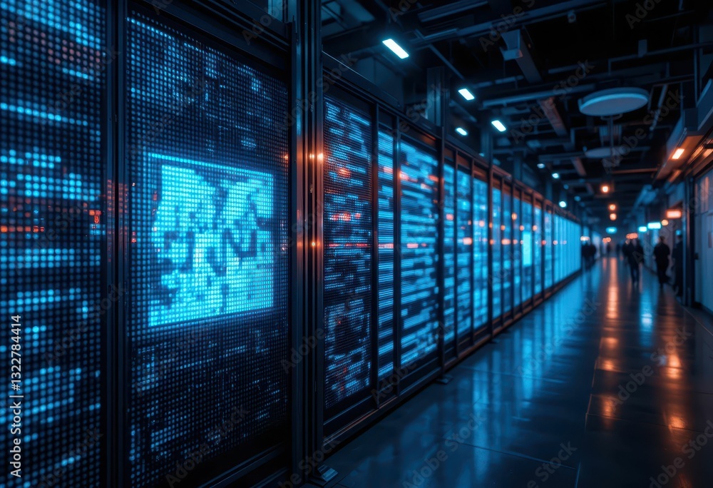 Poster high-tech server room with led panels and data storage units