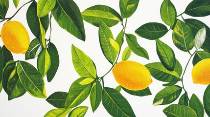 Two vibrant yellow lemons dangle from a sturdy branch of a lush green tree, surrounded by glossy leaves that catch the sunlight, creating a fresh and inviting scene.
