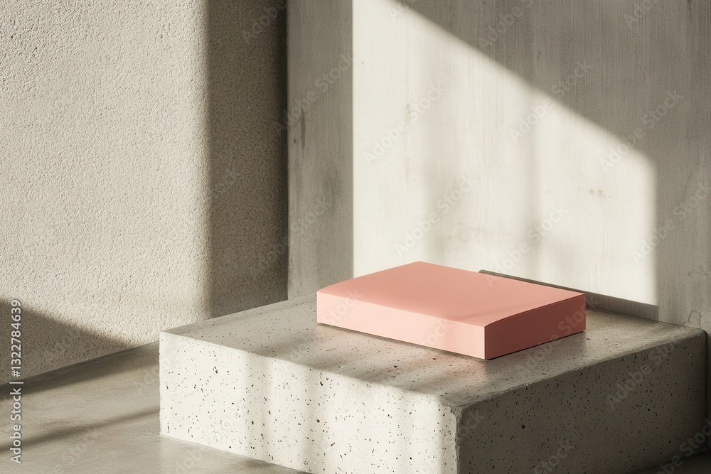Aufkleber minimalist pink box resting on a textured concrete surface with soft shadows in a serene setting