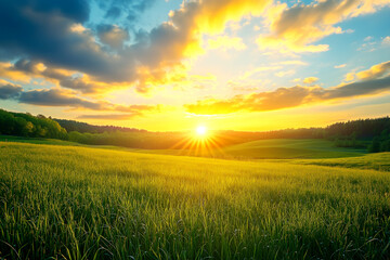 A Serene Natural Landscape Featuring a Lush Green Meadow in the Foreground,