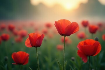 Naklejka premium Crimson poppy blossoms emerge from swirling morning fog, sunlit petals , tranquil, peaceful