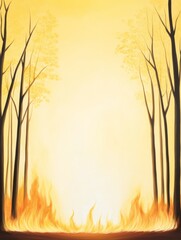 Obraz premium Forest Fire at Dawn - A serene yet intense depicting a forest fire at sunrise, the flames licking at the base of slender trees silhouetted against a pale yellow sky