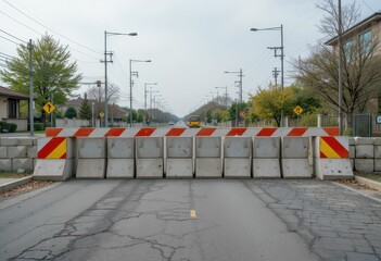 Concrete Barrier Blocks Roadway with Street Lights and Trees Nearby