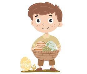 A cute little boy happily holding a basket filled with colorful Easter eggs.
