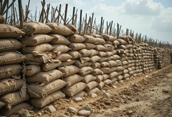 Sandbag Barriers and Defensive Walls in Military Training Environment