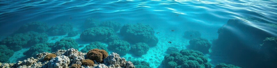 Crystal clear water, vibrant coral reef visible below surface , underwater scene, aquatic