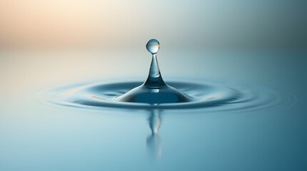 Water Drop Impact Creating Ripples in Serene Blue Liquid Surface