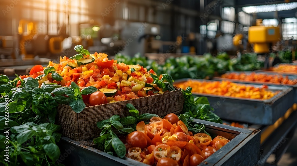 Poster photograph of a state of the art food waste processing plant featuring advanced automated sorting sy