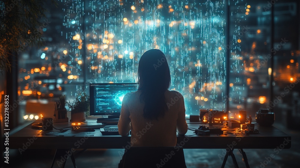 Poster A person engages with a high-tech computer setup, analyzing quantum simulations focused on qubits, superposition, entanglement, and decoherence amidst a vibrant city backdrop.