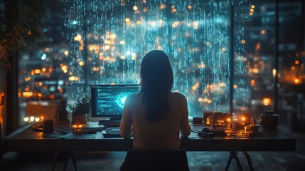 A person engages with a high-tech computer setup, analyzing quantum simulations focused on qubits, superposition, entanglement, and decoherence amidst a vibrant city backdrop.