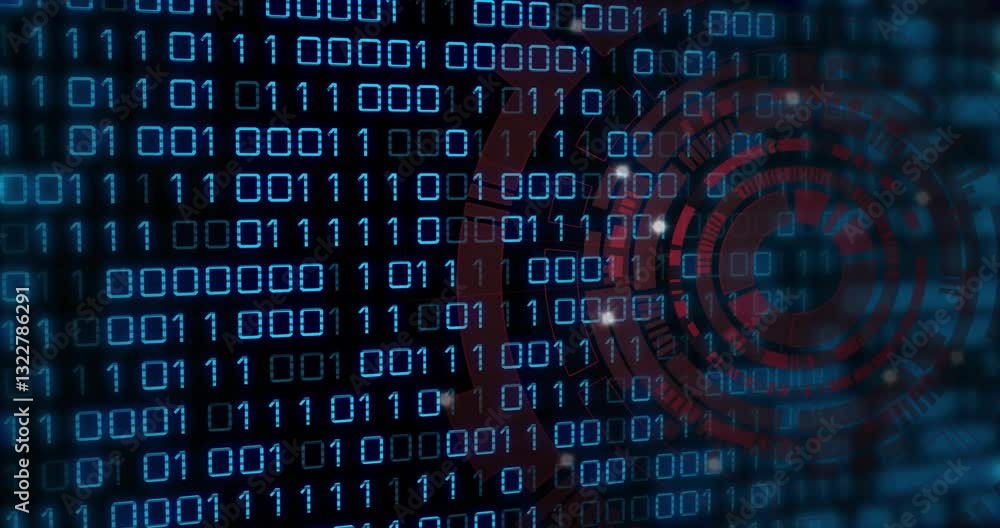 Poster animation of binary code with circular red design on digital interface