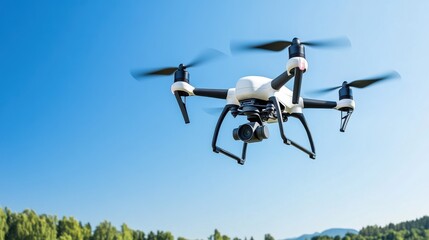 Drone Flying Above Green Landscape with Clear Blue Sky and Mountain Background in Bright Daylight