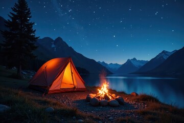 Cozy campfire under starlit sky, beside rustic tent , serene, landscape, wood