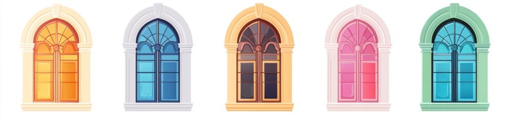 Colorful Decorative Windows with Arched Design and Glass Panels
