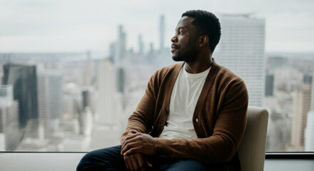 Fototapeta premium African male adult contemplating skyline in urban setting