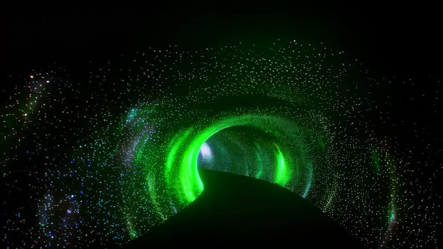 Spiral-shaped tunnel illuminated by swirling green light, suggesting an interdimensional or futuristic journey