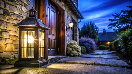 Elegant Home Entrance Lantern Lighting Photography - Night Scene, Warm Glow, Exterior Design, House Entrance, Pathway Lighting