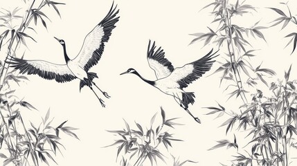 36.A beautiful Japanese-inspired pattern with cranes gracefully flying among tall bamboo plants. The detailed line art evokes a peaceful, traditional atmosphere, ideal for seamless designs in