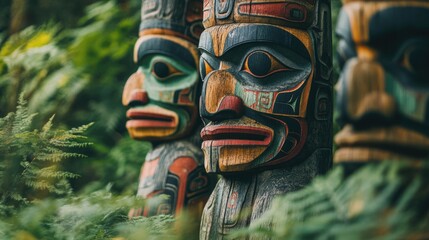 Close-up of Traditional Totem Poles in a Lush Forest