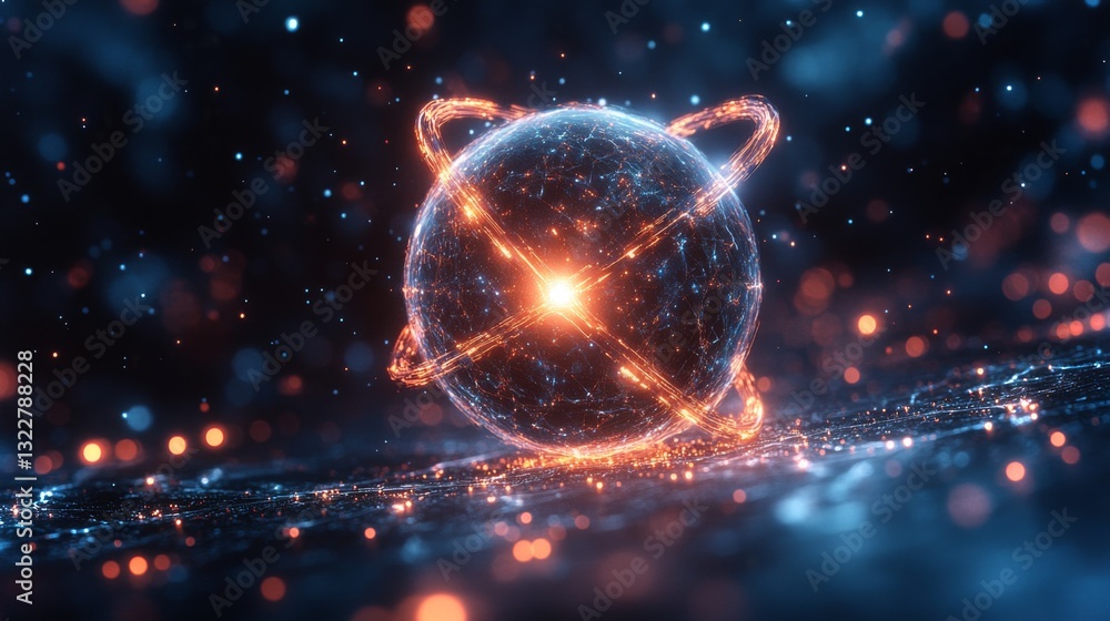 Poster A visualization illustrates key concepts of quantum mechanics including qubits, superposition, and entanglement, set against a cosmic backdrop filled with glowing particles and energy.
