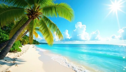 Close-up vibrant palm trees, turquoise waves, sunny sky , maldives, horizon