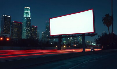 Urban Night Scene with Blank Billboard and Cityscape Background