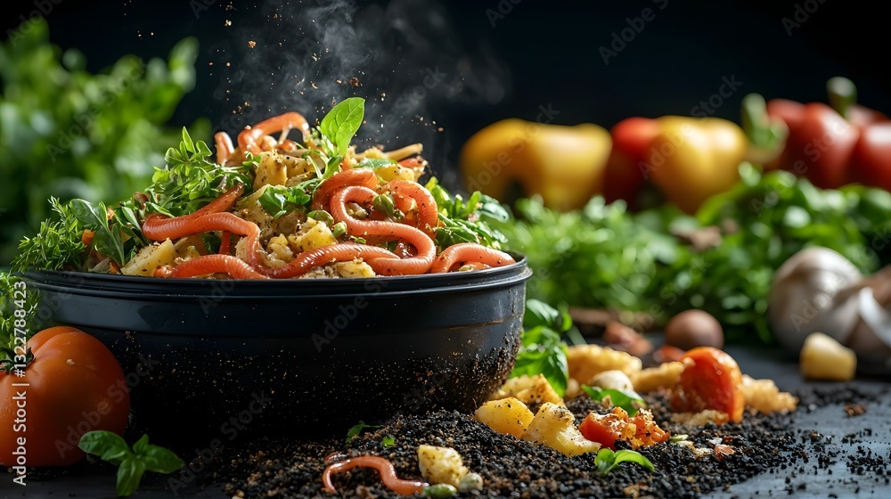Poster closeup view of earthworms breaking down organic food scraps in a vermicomposting system with soft l