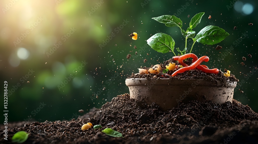 Poster closeup view of earthworms breaking down organic food scraps in a vermicomposting system with soft l