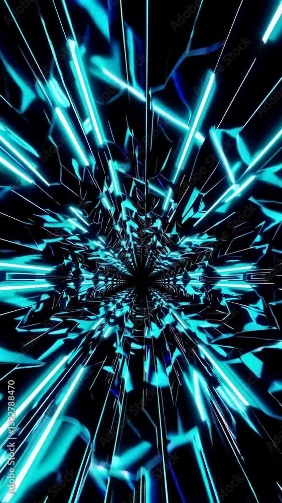 Poster dynamic neon abstract tunnel with symmetric light burst effects animates energetically