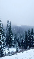 Fototapeta premium Panoramic view of the wilderness natural forest on winter snowfall, realistic. with white shades