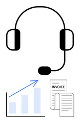 Headset with microphone above bar chart showing growth and stack of invoices. Ideal for customer service, sales, business growth, support, communication, productivity, strategy. Flat simple metaphor