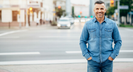 Fototapeta premium Caucasian male adult smiling in denim shirt at urban crosswalk
