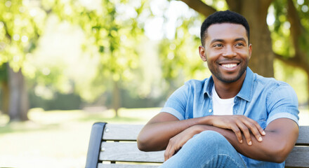 Fototapeta premium Smiling african male adult relaxing on park bench in sunny outdoor setting