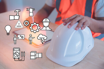 An engineer working on site with icon of work safety tools on concept of workplace safety, Personal...