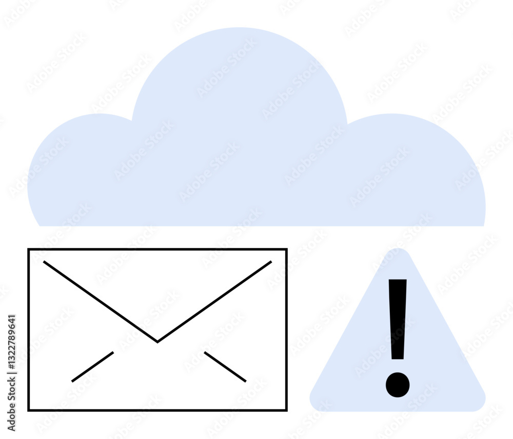 Poster cloud with envelope and triangle warning sign representing email, cloud storage security, data breac
