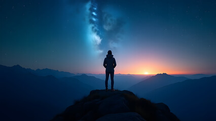 Obraz premium A person stands on a mountain peak, silhouetted against a starry sky filled with the Milky Way, evoking feelings of wonder and exploration in the beauty of the night.