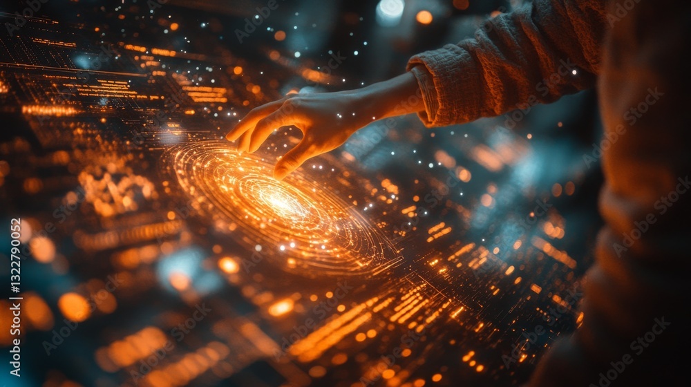 Poster a researcher interacts with a holographic display showcasing quantum phenomena, including superposit