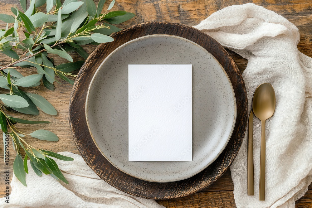 Aufkleber elegant table setting with a blank card on a rustic plate surrounded by greenery and utensils