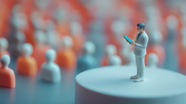 Businessman with Smartphone Surrounded by Abstract Audience Figures