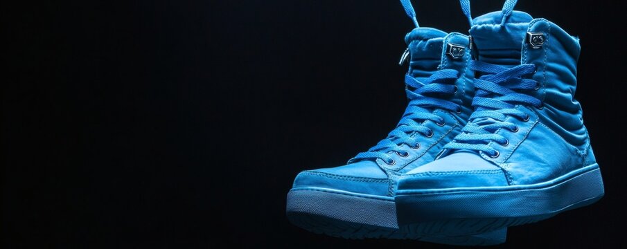Two blue sneakers hanging with laces against a dark background