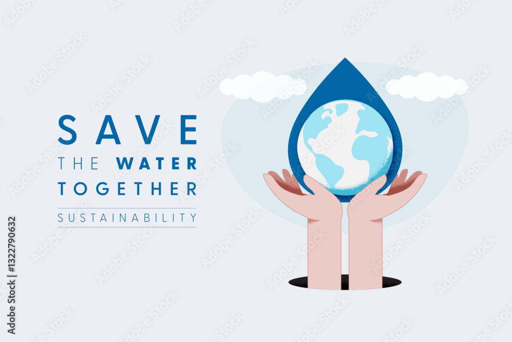 Poster save water concept. hand holding earth globe with drop of water. sustainable ecology and environment