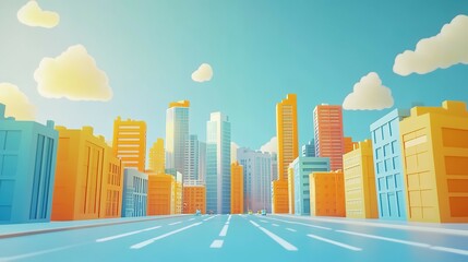 A stylized colorful cityscape featuring buildings and open sky
